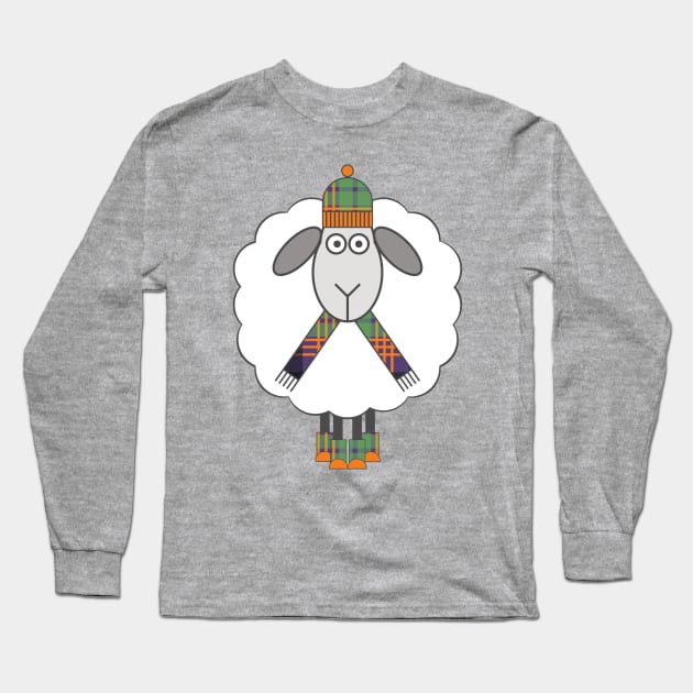 Cosy Winter Sheep with Orange, Green and Purple Tartan Hat, Scarf and Boots Long Sleeve T-Shirt by MacPean